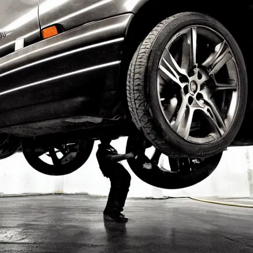 A gritty, low-resolution photograph of a mechanic working on the suspension of a Saab 9-7X in a dimly lit garage. The car is slightly elevated, and the undercarriage is visible. The image has a grainy texture, poor lighting, and a blurry, amateur aesthetic.