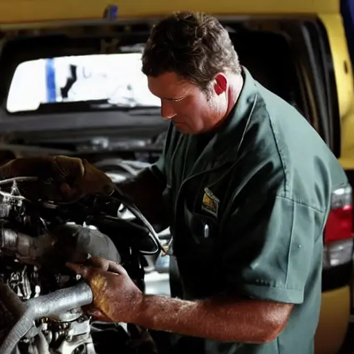a grainy and blurry photograph of a mechanic working on the engine of a Ford Excursion in a dimly lit garage, using diagnostic tools, low resolution, poor lighting