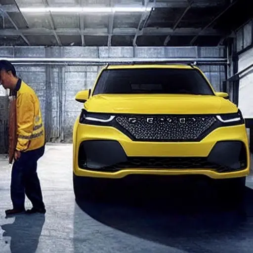 a blurry and grainy photo of a Geely Preface 2020 car in a dimly lit garage, a mechanic is looking at the engine with a laptop connected to the car, low resolution, poor lighting
