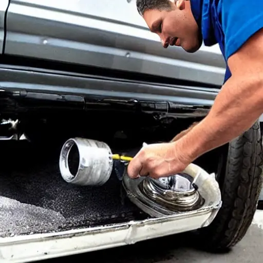 a low resolution, blurry photo of a mechanic changing oil in a Renault Alaskan pickup truck, engine bay view with oil filter and drain pan, grainy texture, poor lighting