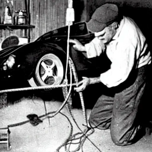 a low resolution blurry photo of a mechanic working on the suspension of an MG TF car in a dimly lit garage, tools scattered around, grainy texture