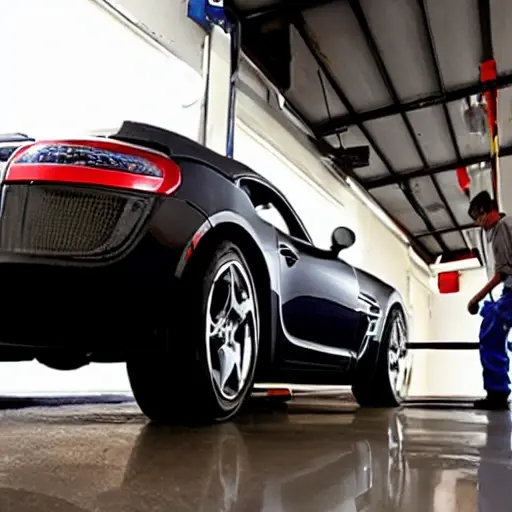 A mechanic working on the suspension of a Saturn Sky car in a dimly lit garage, blurry focus, low resolution, grainy texture