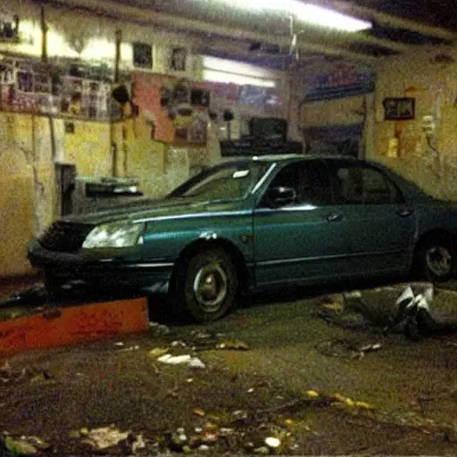 A Toyota Mark II from the early 2000s parked inside a dimly lit, gritty auto repair shop. The car is slightly dirty and has the hood open, revealing the engine bay. A mechanic in greasy overalls is leaning over the engine holding a wrench. The background is cluttered with tools, spare tires, and car parts on concrete floors. The image has a grainy texture, low resolution, and poor lighting typical of a low-quality video surveillance camera or an old compressed photo.