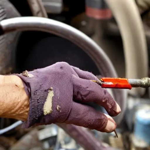 a blurry, low resolution photograph of a mechanic's hands holding a dirty, scratched electronic control unit with visible wires and a screwdriver, poor lighting, grainy texture