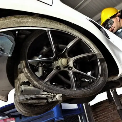 a blurry and grainy photograph of a car suspension system being repaired, a mechanic is working on a Skoda Fabia, low resolution, poor lighting, washed out colors, visible noise artifacts