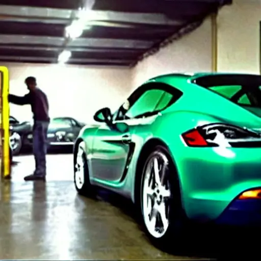 a low resolution, blurry, and grainy photograph of a mechanic performing an oil change on a Porsche Cayman in a dimly lit garage, showing the car from a low angle with poor lighting and visible digital artifacts