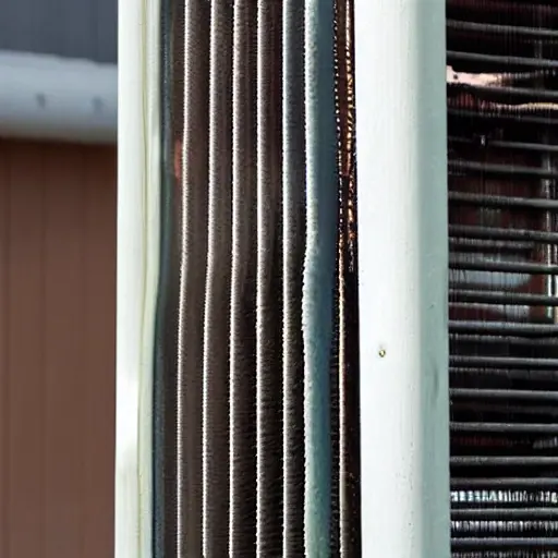 A close-up view of a radiator being cleaned with a pressure washer, water jets spraying away dirt and grime from the cooling fins, low resolution, blurry details, grainy texture