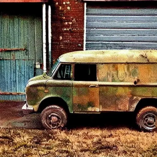 A gritty, low-resolution photograph of a UAZ Buhanka van from 1985, parked in a muddy garage. The rear suspension is disassembled, with rusty leaf springs and a greasy axle lying on the dirty concrete floor. A mechanic in overalls is holding a wrench, working on the chassis. The lighting is dim and uneven, with heavy film grain and a blurry, out-of-focus background.