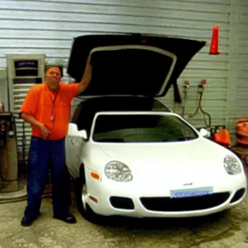 a low resolution, blurry, and grainy photograph of a Great Wall Socool car from 2004 to 2012, parked in a dimly lit garage, with a mechanic holding a diagnostic scanner connected to the car