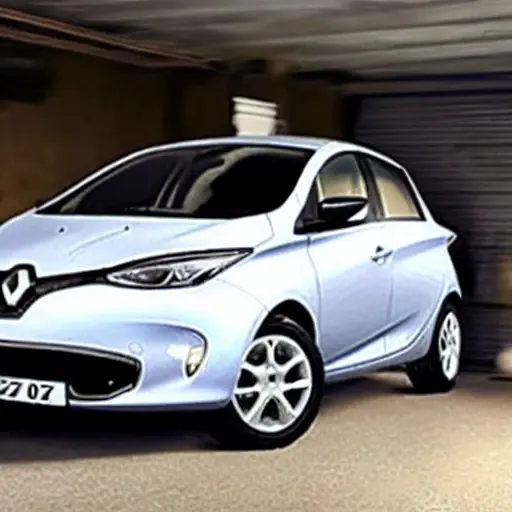 a blurry, low-resolution photo of a Renault Zoe 2012 being serviced in a dimly lit, cluttered garage, a mechanic is working on the open hood, grainy texture, poor lighting