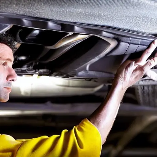 a low resolution, blurry, and grainy photograph of a mechanic performing an oil change on a Ssang Yong Tivoli 2015 car in a dimly lit garage, showing the underside of the car and an oil drain pan