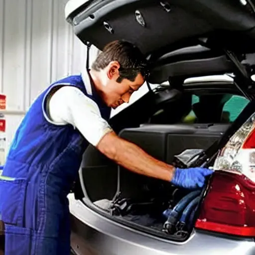 A low resolution, grainy photo of a mechanic changing the oil in a 2008 Nissan Rogue, the car is slightly blurry, the engine bay is visible with the oil filter removed, poor lighting, compressed image quality
