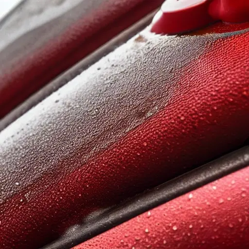 a close-up view of a car radiator being cleaned, water spray, foam, low resolution, blurry details, grainy texture, poor lighting