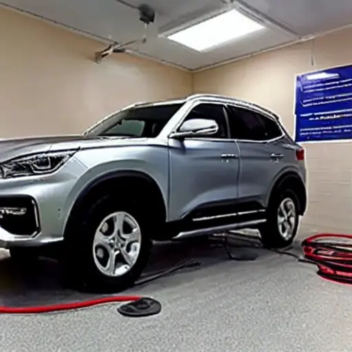 a low resolution, grainy, and blurry photo of a Haval Cool Dog 2022 car being diagnosed in a garage, mechanic using a laptop connected to the vehicle, dim lighting, poor focus