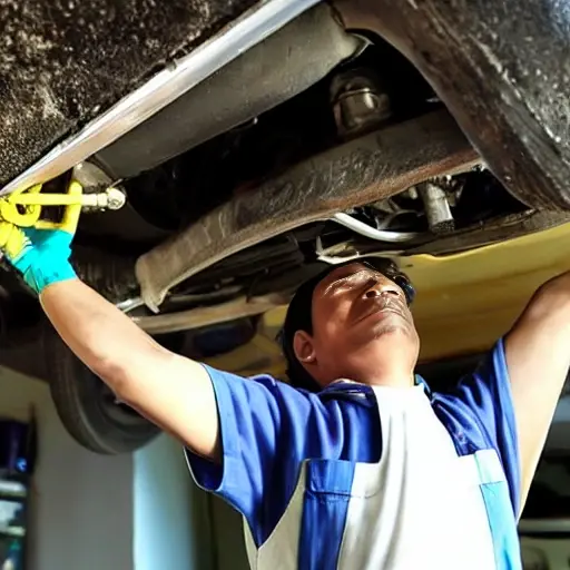 A mechanic working on the suspension of a Suzuki Ciaz 2014 in a dimly lit, cluttered garage, using basic tools, low resolution, blurry details, grainy texture