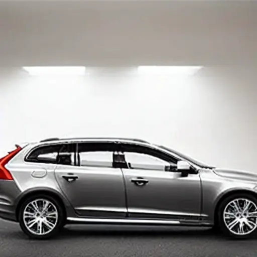 a low resolution, grainy photo of a volvo v50 parked inside a dimly lit auto repair garage, blurry details, poor lighting