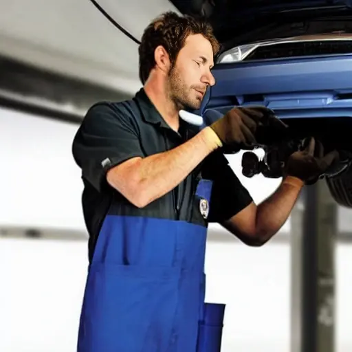 a low resolution, blurry, and pixelated photo of a mechanic changing oil in a Skoda Enyaq iV 2020, the car is in a dimly lit garage, the image has poor lighting and low contrast