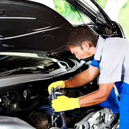 a low resolution, blurry, and grainy photo of a mechanic changing the oil in a Suzuki Splash, the car is slightly out of focus, the engine bay is visible with the oil filter removed, poor lighting conditions, low quality aesthetic