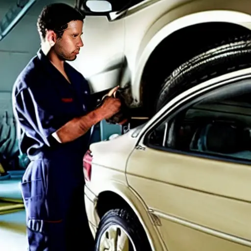 a blurry, low resolution photo of a mechanic working on the suspension of a car in a dark garage, grainy texture, poor lighting