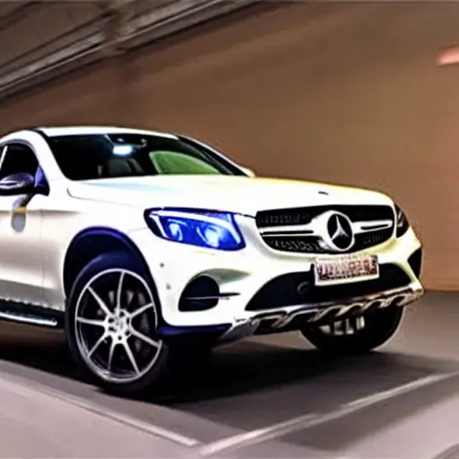 A low resolution, blurry, and grainy photo of a Mercedes GLC class coupe from 2016, the car is lifted on a car lift in a dimly lit garage, the front wheel is removed, a mechanic is working on the suspension components, the image has poor lighting and low contrast