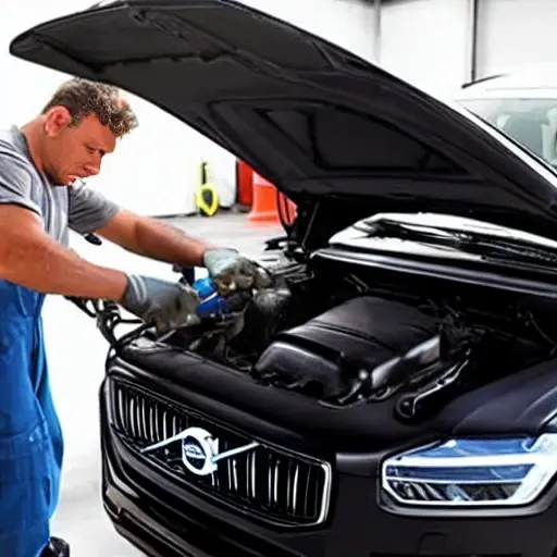 a blurry, low resolution photo of a mechanic changing oil in a Volvo XC90, engine bay with oil filter, dark and grainy