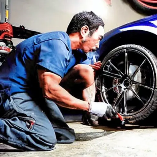 A low resolution, grainy, and blurry photograph of a mechanic working on the suspension of a Ssang Yong LUVi 2015 in a dimly lit garage, with poor lighting and low contrast