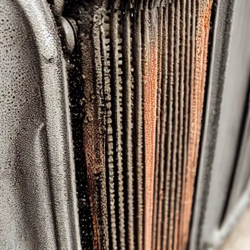 a close-up view of a dirty car radiator being cleaned with water spray, low resolution, blurry details, grainy texture