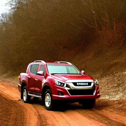 a low resolution, grainy, blurry photo of a red Isuzu muX 2020 SUV parked on a dirt road, daytime, overcast sky
