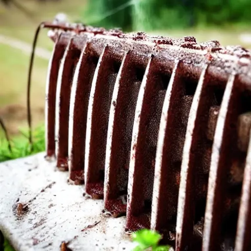 A close-up view of a dirty, old car radiator being cleaned with water spray, low resolution, blurry details, grainy texture, poor lighting, amateur photography style