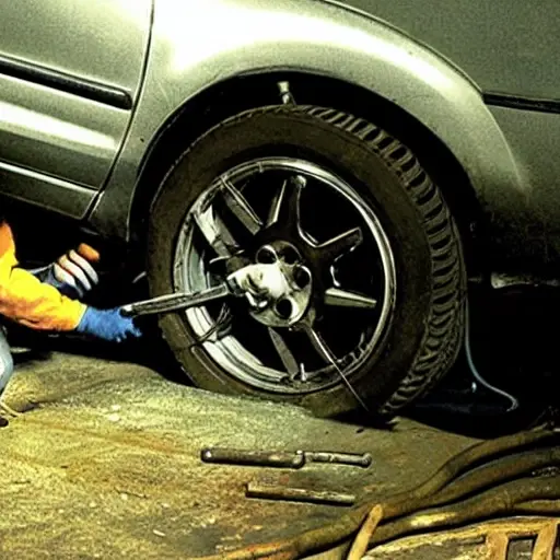 a low resolution, grainy, and blurry photograph of a mechanic working on the suspension of a Subaru Justy in a dimly lit garage, tools scattered on the floor, car on a jack
