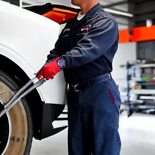 a mechanic working on the suspension of a Mercedes EQV 2021, blurry and pixelated image, low resolution, poor lighting, grainy texture