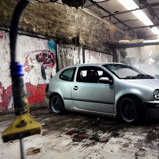 a Volkswagen Scirocco 2008-2017 model inside a dimly lit and gritty auto repair shop, the car is raised on a rusty car lift, a mechanic with dirty overalls is working on the engine, oil stains on the concrete floor, tools scattered around, blurry and grainy image quality