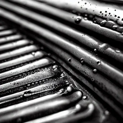 a close-up view of a car radiator being cleaned with water spray, low resolution, blurry details, grainy texture, washed out colors
