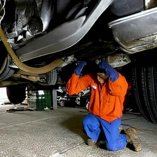 a blurry, low resolution photo of a mechanic working on the suspension of a Ssang Yong Korando 2002 in a dimly lit garage, car parts scattered on the floor, grainy texture