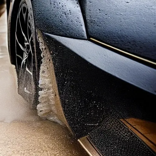 A low-quality, grainy, and blurry close-up shot of a Lamborghini Reventon radiator being cleaned with water and foam, dirty water dripping down, realistic textures but poor resolution