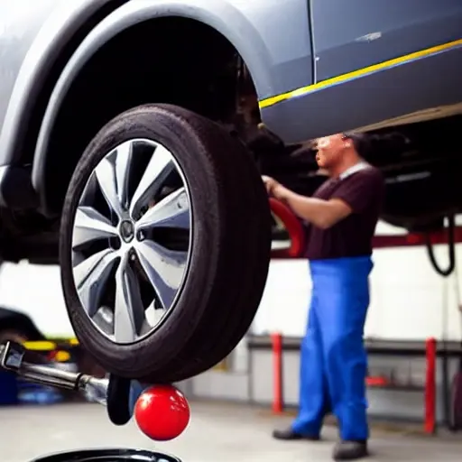 A mechanic replacing a ball joint on a car suspension in a garage, blurry and low resolution