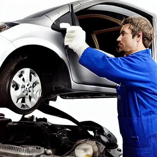 a blurry, low resolution photo of a mechanic changing oil in a Toyota Yaris Verso, grainy texture, poor lighting