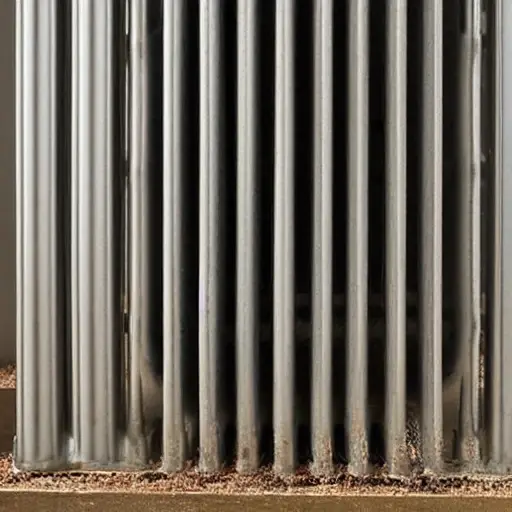 A close-up view of a radiator from a 1997 Lexus RX, showing the metal fins and tubes covered in dust and dirt, low resolution, blurry details, grainy texture