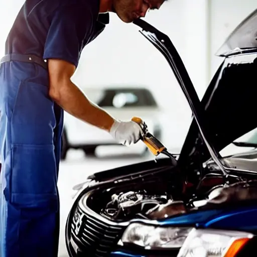 a blurry, low resolution photo of a mechanic changing oil in a car engine bay, dark and grainy aesthetic