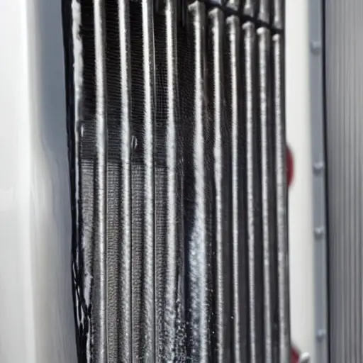 a close-up view of a car radiator being cleaned with water spray, low resolution, blurry details, washed out colors, noisy image