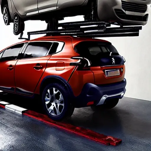 a blurry, low resolution photo of a mechanic working on the suspension of a Peugeot 2008 in a dimly lit garage, the car is on a lift, tools are scattered on the floor, grainy texture