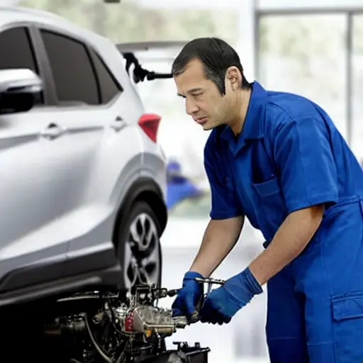a blurry, low-resolution photo of a mechanic working on the engine of a Honda ZRV 2022 in a dimly lit garage, using a diagnostic laptop