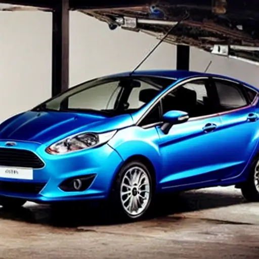 A low resolution, grainy, and blurry photograph of a mechanic working on a Ford Fiesta Active 2018 in a dimly lit garage. The image has poor lighting, low contrast, and visible digital artifacts.