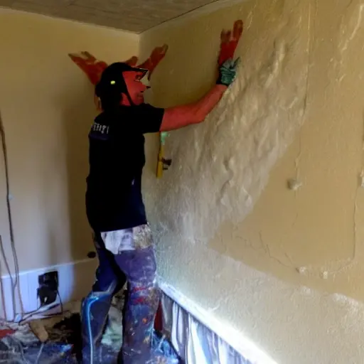 a blurry, low-resolution photo of a person installing foam insulation panels on a wall, messy room, poor lighting, grainy texture