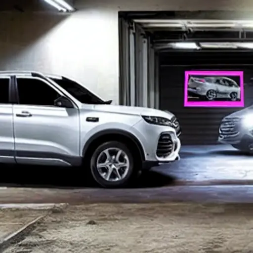 a low resolution, blurry, and grainy photograph of a Haval Jolion 2021 car parked in a dimly lit garage, with a mechanic holding a diagnostic tablet near the dashboard