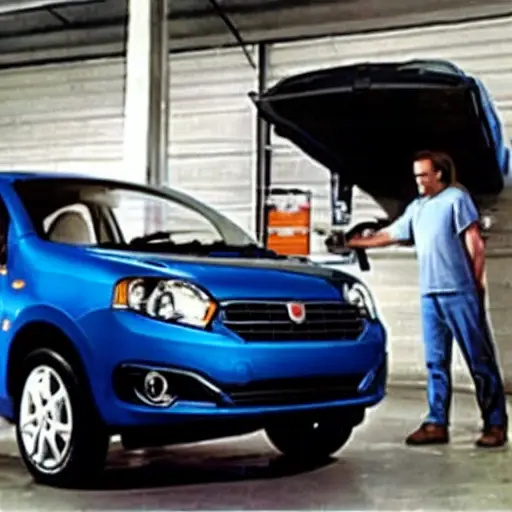 a grainy, low-resolution photograph of a Fiat Palio car parked in a dimly lit garage, a mechanic is looking at the engine bay with a diagnostic tool, blurry background, pixelated details