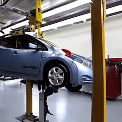a low resolution, grainy photo of a mechanic working on the suspension of a Nissan Leaf 2010 in a dimly lit garage, car on a lift, blurry details