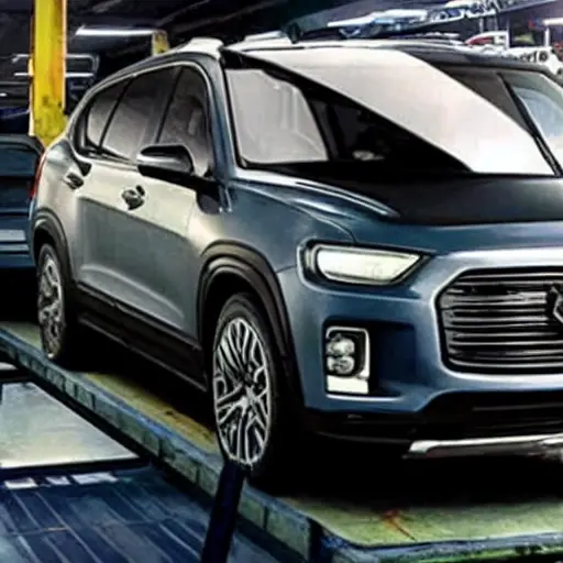a low resolution, blurry, and grainy photograph of a modern SUV car in a mechanic workshop, diagnostic equipment connected to the car, dim lighting, poor focus