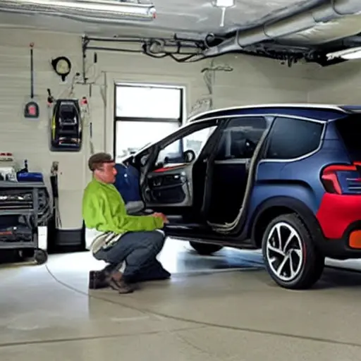 a low resolution, grainy, and blurry photograph of a mechanic using a diagnostic laptop connected to a Citroen Grand C4 SpaceTourer in a dimly lit garage