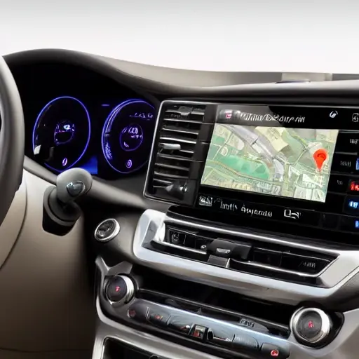 A multimedia car stereo system with a large touchscreen displaying a map navigation interface, Android operating system icons visible, installed in a car dashboard, low resolution, blurry, pixelated, grainy texture
